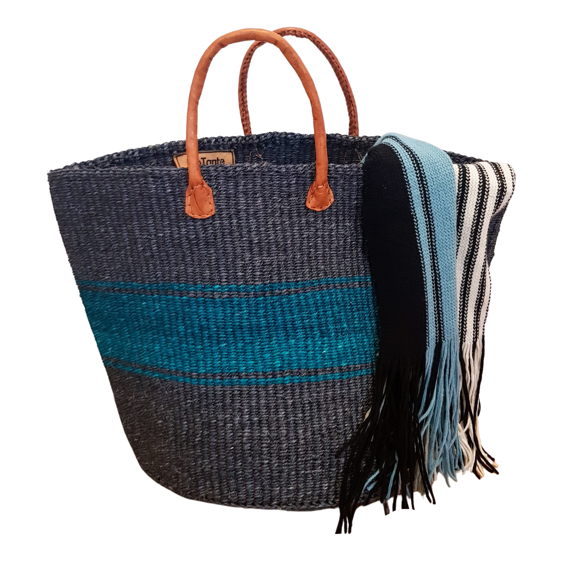 Amani Handwoven Sisal Tote Bag with Leather Straps – Blue Grey