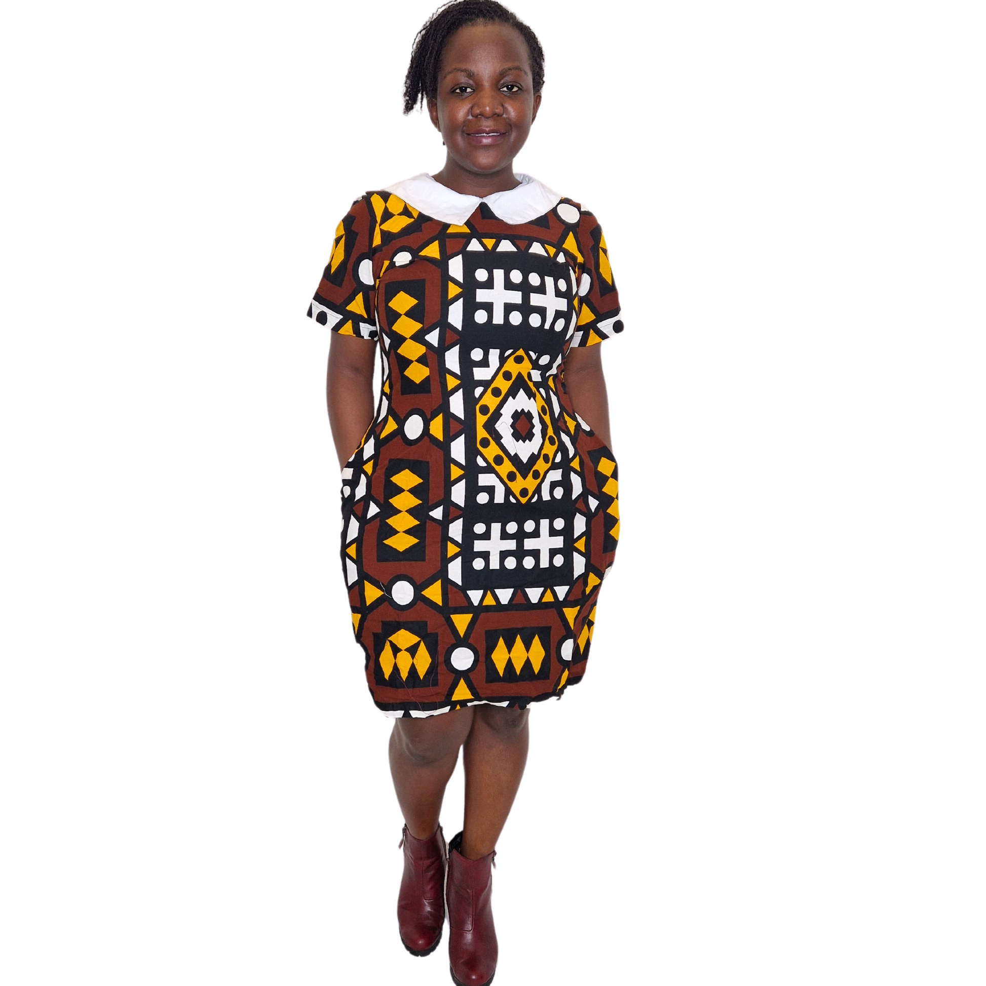 Brown Tribal Kitenge Cotton Shift Dress with Pockets EcoTante Brown Tribal Kitenge Cotton Shift Dress with Pockets EcoTante