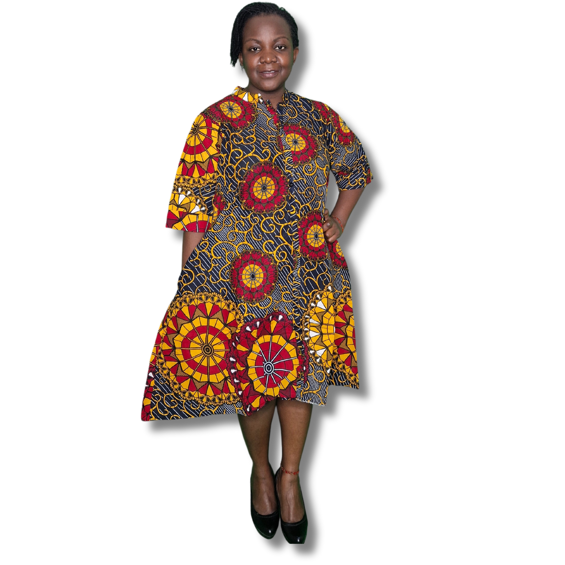 Sunrise Yellow Red Blue Cotton Kitenge Loose-Fit A-Line Dress EcoTante Sunrise Yellow Red Blue Cotton Kitenge Loose-Fit A-Line Dress EcoTante