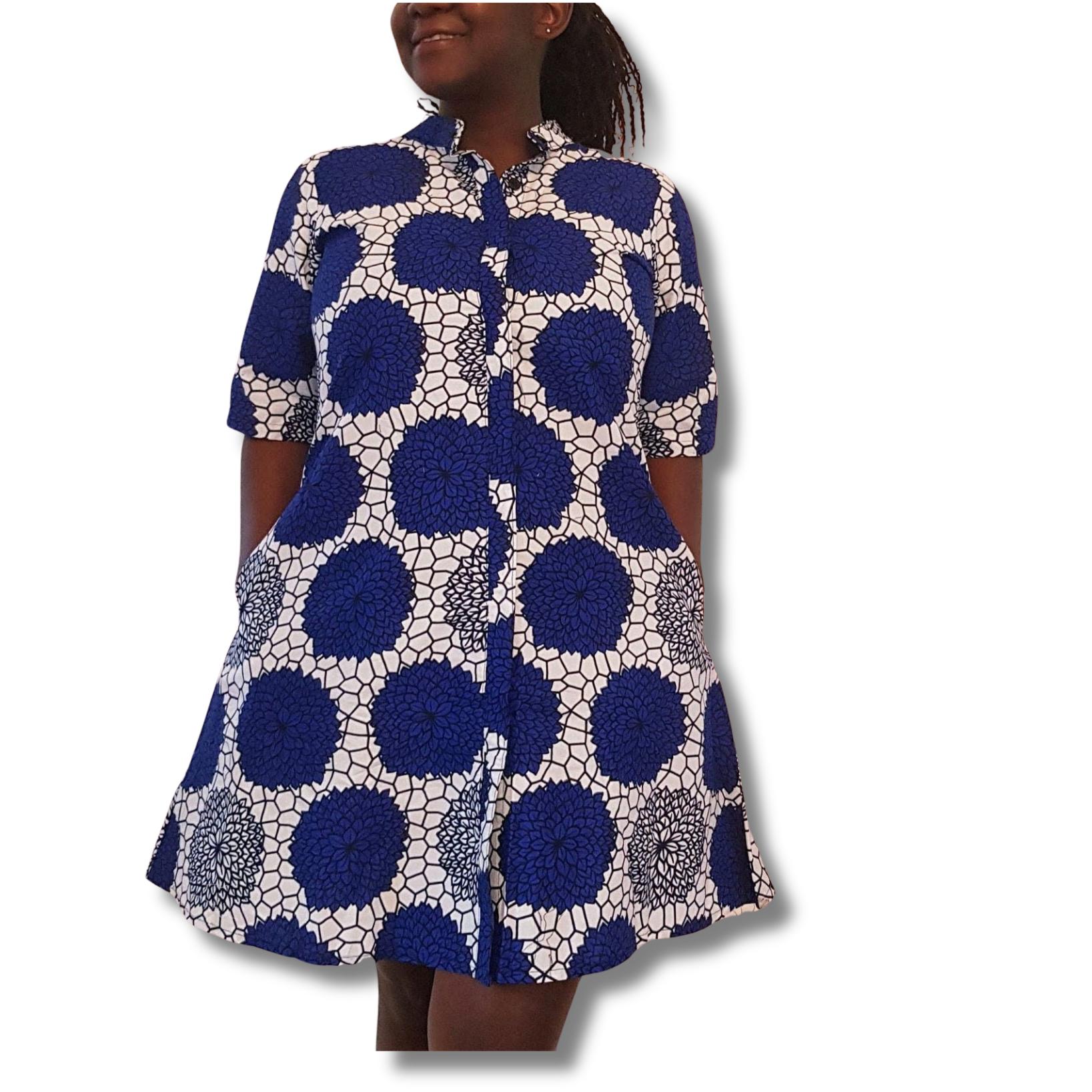 Cornflower Blue Kenyan Cotton Kitenge A-Line Dress with Pockets – EcoTante
