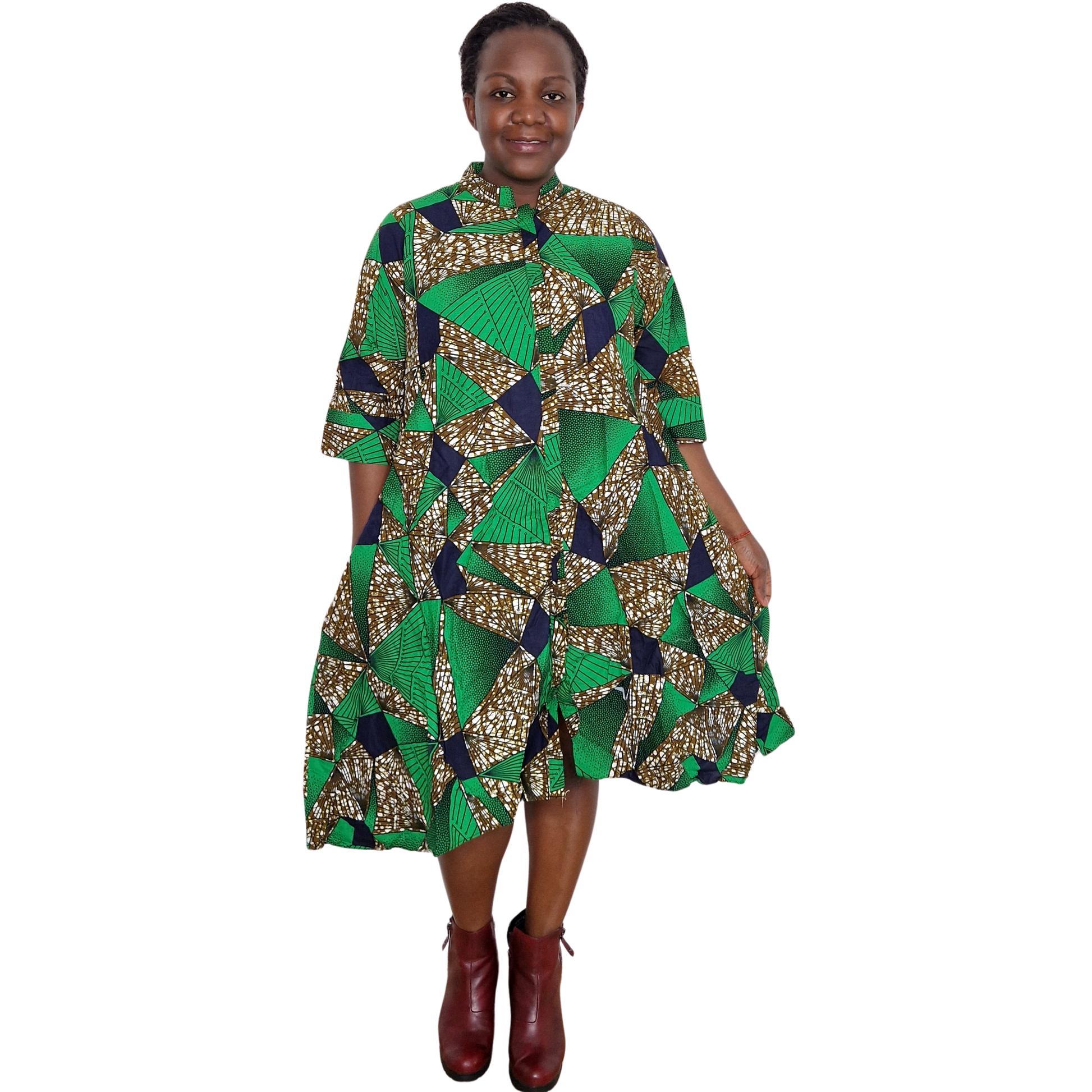 Samosa Loose-Fit Green Beige Navy African Cotton Dress with Pockets EcoTante Samosa Loose-Fit Green Beige Navy African Cotton Dress with Pockets EcoTante